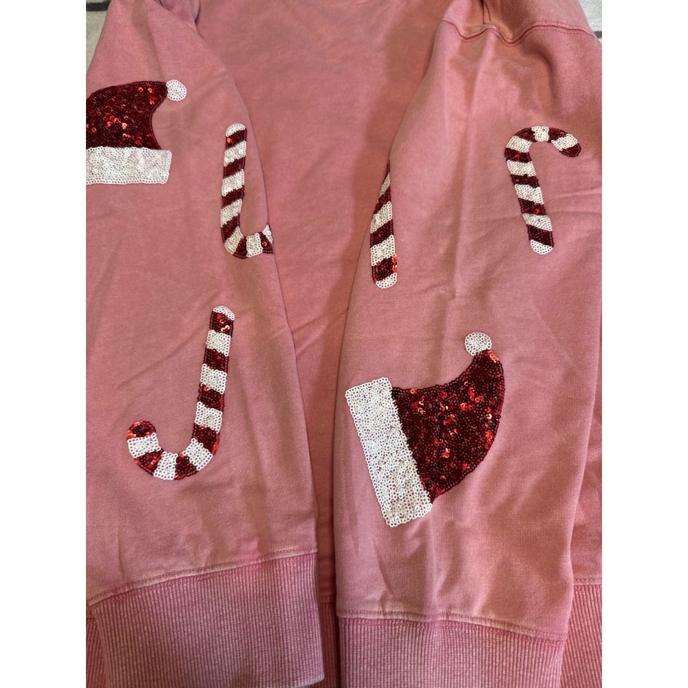 White Birch Pink‎ Sequin Santa Hat Candy Cane Christmas Sweatshirt Women's Large - Picture 5 of 7